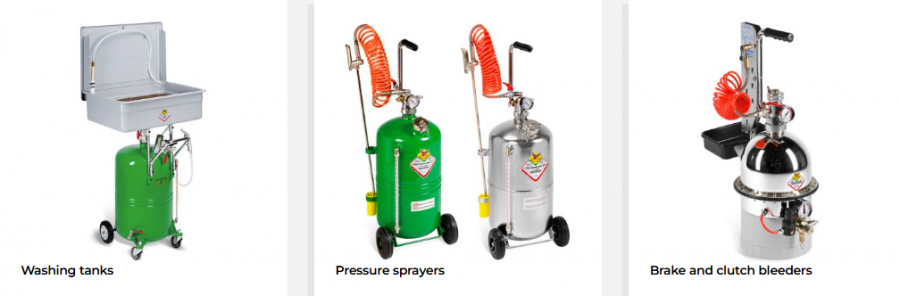Brake bleeders, Tyre inflators, Pressure sprayers and Washing tanks
